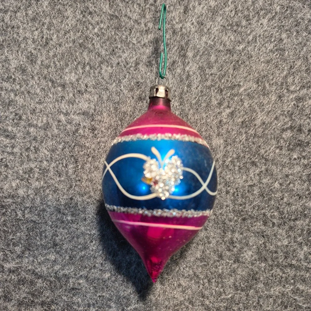 2 Vintage Poland Teardrop Finial Shape Glass Christmas Ornaments 3.5